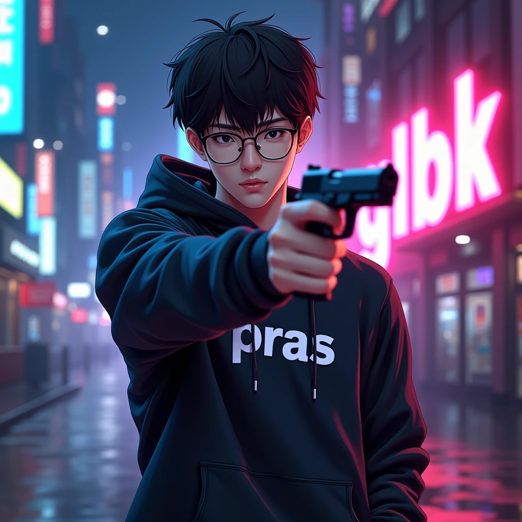 Create a character anime, {{background: text “GLBK”, night city}},
realistic, HDR, use glasses, handsome, korean style, full body, use pistol, age 20, hoodie HD text: “PRAS”
