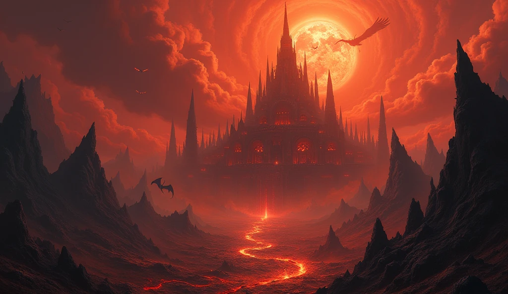 dnd, dungeons and dragons, scene, landscape, hellscape, aerial view, hell, avernus, demon city, city in hell, distant small demons, multiple creatures, scary, small flying demons in the distance, lava, fire, trending artwork, masterpiece