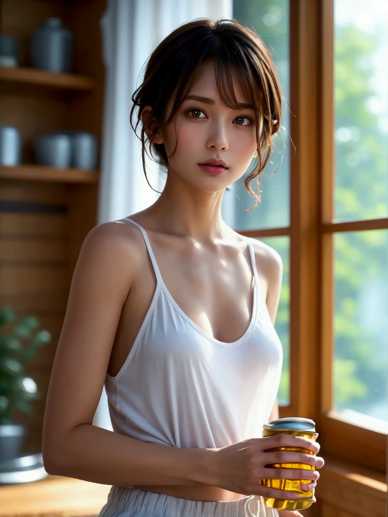 “A beautiful woman fresh from a bath, dressed in a simple white tank top and comfortable shorts. She is standing in a cozy, modern home, holding a can of beer in one hand, her expression relaxed and at ease. Her damp hair is slightly tousled, falling naturally over her shoulders, giving a casual and fresh look. The white tank top clings slightly to her body, while the shorts provide a comfortable and laid-back vibe. The background features a typical home interior with modern, understated decor, soft lighting, and a subtle warmth that enhances the everyday, relaxed atmosphere of the scene.”