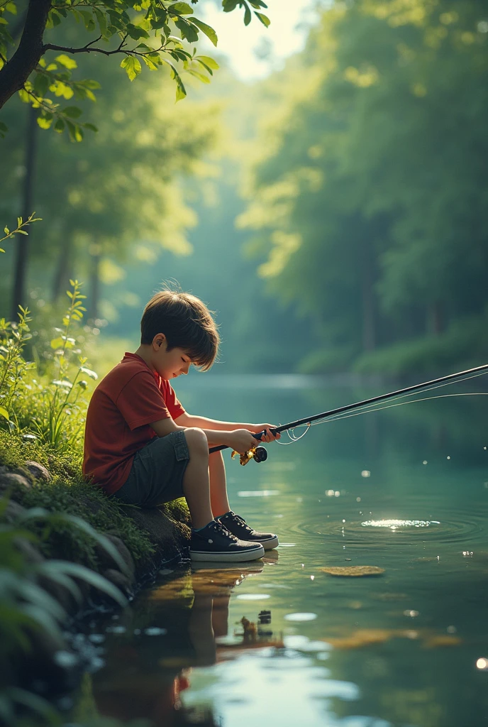 Two sleepy age boy fishing, each has a fishing rod, they are on the edge of a stream.