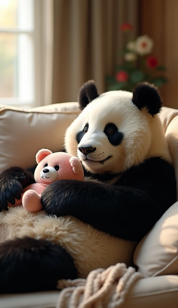 Chinese Giant Panda，High-definition quality，Lying on the sofa，hand holding toy，In the living room，Lying down leisurely