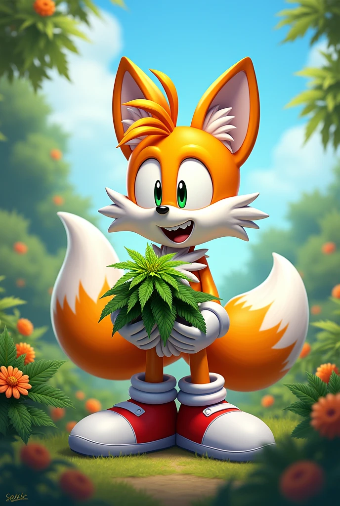 Miles tails holding a weed plant 