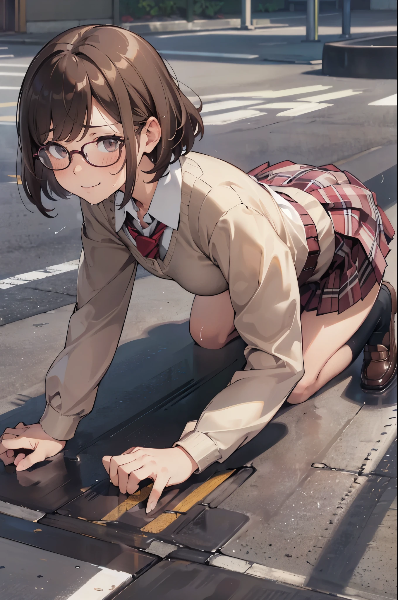 (super flat, flat shading), Honors Type, Really blushing, high school girl, wearing long sleeve shirt and plaid pleated mini skirt, Short bob cut brown hair, Glasses, sweaty healthy body, mesugaki smile, bare legs, loafers, ultra realistic, early morning, breeze skirt lift, (all fours:1.5), (having sex:1.5), in crowded street, (from behind:1.5),
