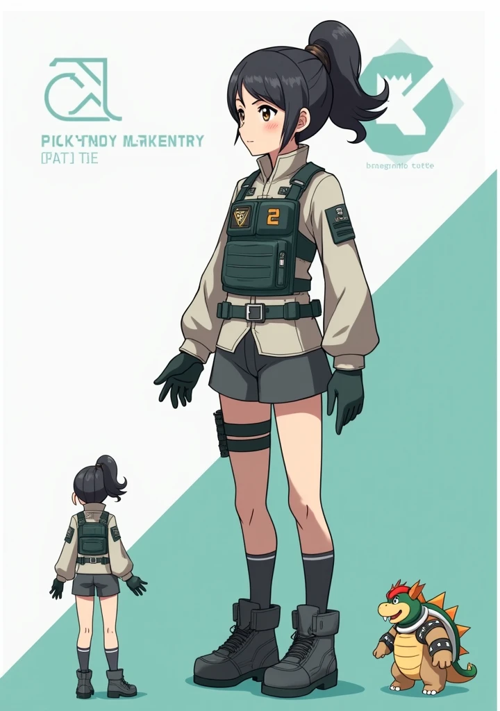 Sonia,pokemon dacter,Standing Girl, cute, 1 girl, , 4-sided design, Diagonals, front, back, profile, Head to body ratio 5, character sheet, whole body, simple background, Four perspectives, tactical gear, bulletproof vest, Good quality, high detail, researcher,Pokemon bowser,ultra detailed, masterpiece, best quality, aesthetic, detailed