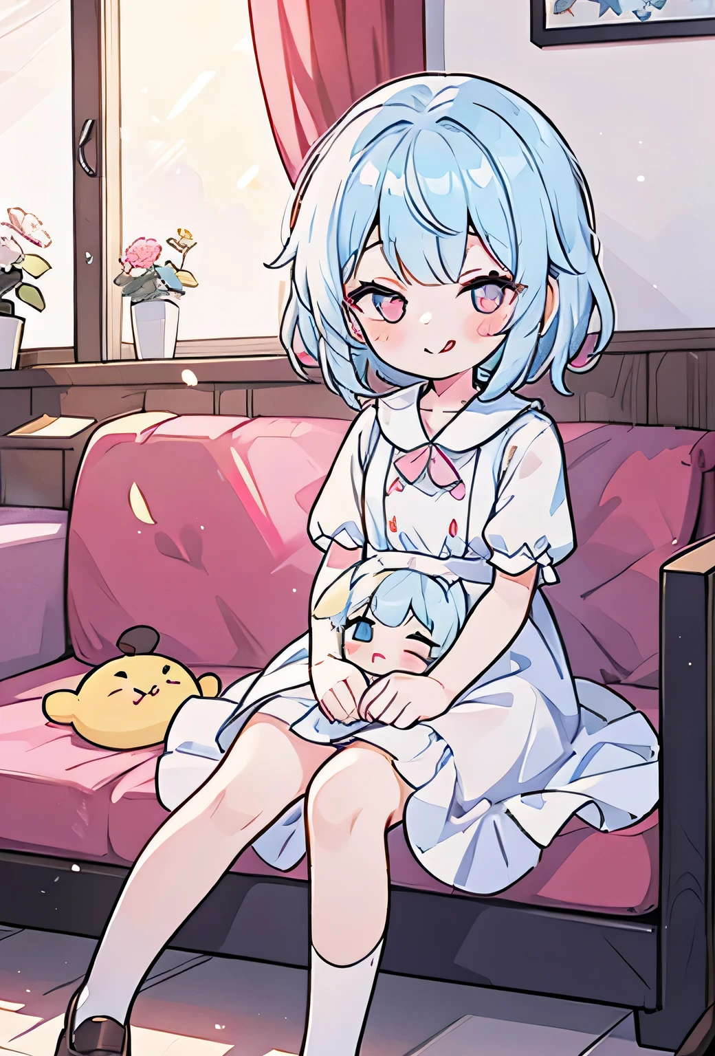 Highest quality、high resolution、One girl、Young children、Mouth closed and tongue out、Wink、Light blue hair、A pale pink dress、Pétain sitting、White socks、A sunny room