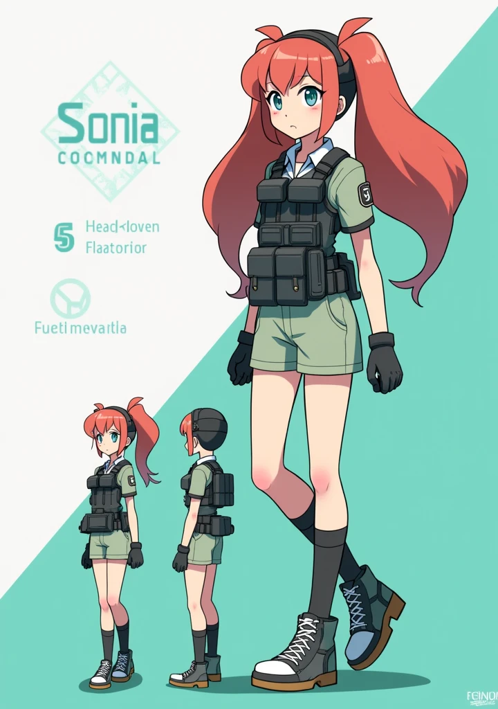 Sonia,pokemon dacter,Standing Girl, cute, 1 girl, , 4-sided design, Diagonals, front, back, profile, Head to body ratio 5, character sheet, whole body, simple background, Four perspectives, tactical gear, bulletproof vest, Good quality, high detail, researcher,Pokemon bowser,ultra detailed, masterpiece, best quality, aesthetic, detailed