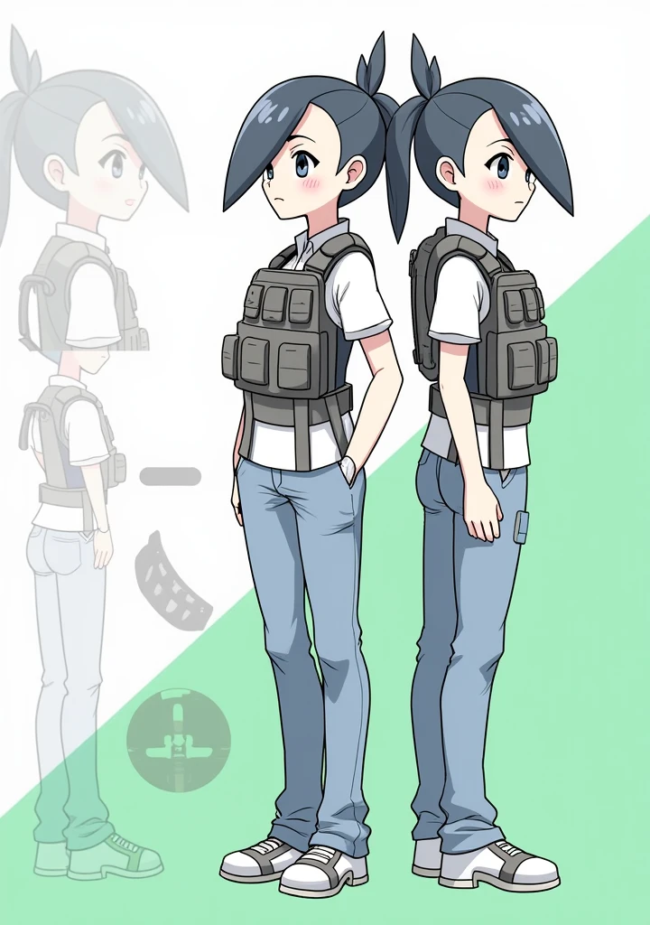 Sonia,pokemon dacter,Standing Girl, cute, 1 girl, , 4-sided design, Diagonals, front, back, profile, Head to body ratio 5, character sheet, whole body, simple background, Four perspectives, tactical gear, bulletproof vest, Good quality, high detail, researcher,Pokemon bowser,ultra detailed, masterpiece, best quality, aesthetic, detailed