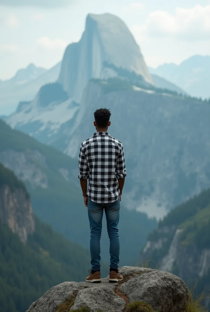 A broken heart person ,with white and black chek shirt and woodland shoes, slim body,blue jeans , standing on mountain top ,pic click from back side, oval face,6 Feet height and 57 kg weight