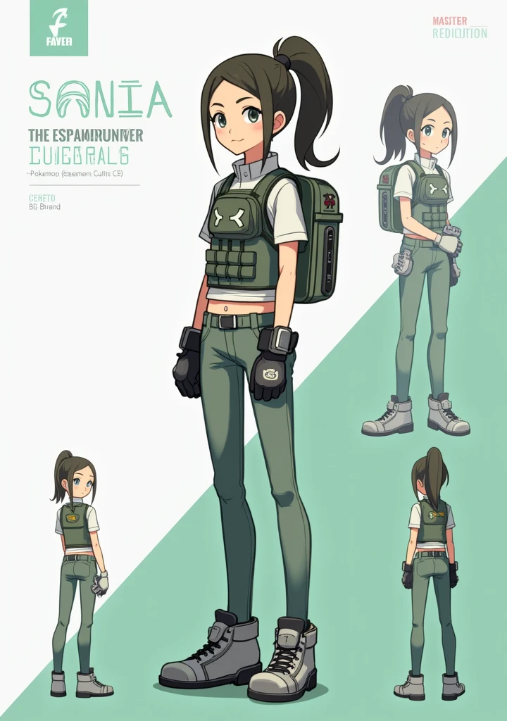 Sonia,pokemon dacter,Standing Girl, cute, 1 girl, , 4-sided design, Diagonals, front, back, profile, Head to body ratio 5, character sheet, whole body, simple background, Four perspectives, tactical gear, bulletproof vest, Good quality, high detail, researcher,Pokemon bowser,ultra detailed, masterpiece, best quality, aesthetic, detailed