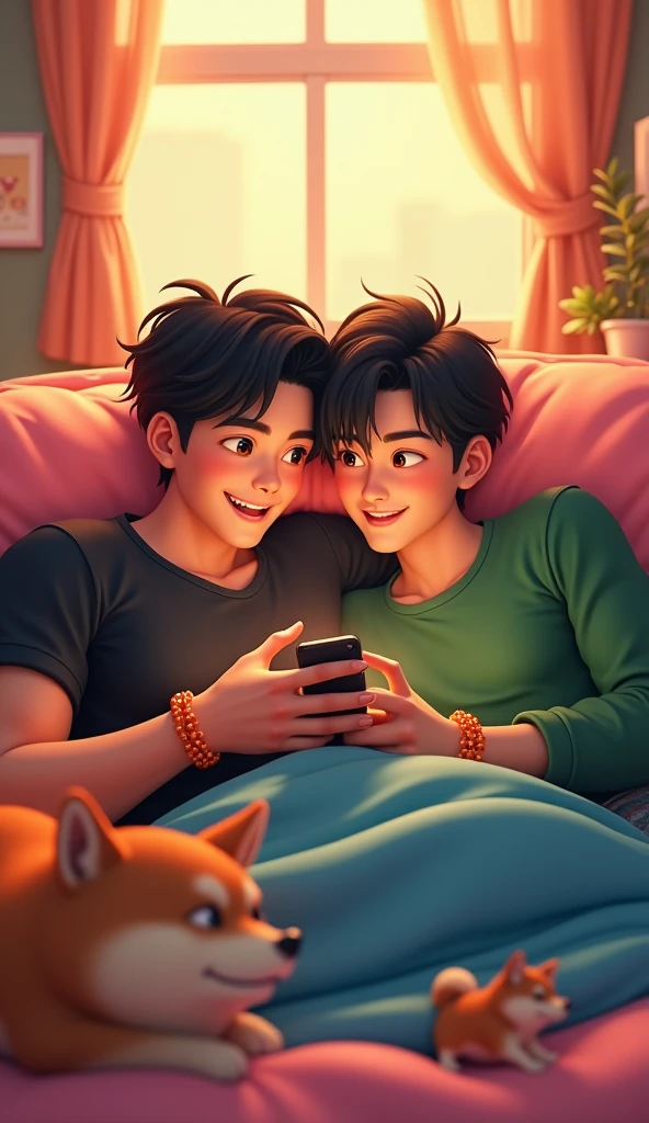 3d art style, A bouncy font above that says "VRIXIAN", two teenage asian guy in bed, one wearing black shirt, hair is black, the black t shirt guy is big muscle body, the black shirt guy is a short haired, both is wearing one orange pearl bracelet, one is wearing green long sleeve, they both looking at the phone having live stream, besides them has Shiba Inu, dynamic bedroom in a morning, 