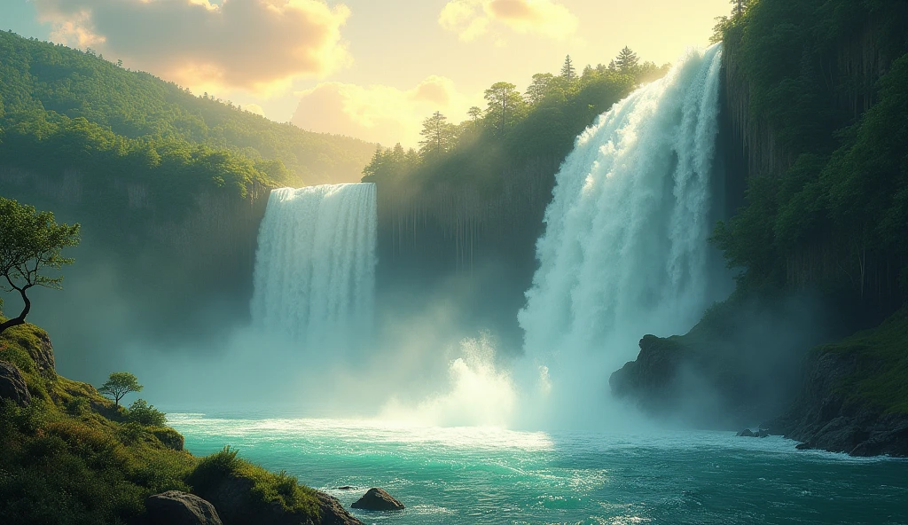 A viral social media image about "lofi music with huge waterfall vibes" featuring a massive, tranquil waterfall cascading through lush green cliffs, bathed in golden sunlight,





