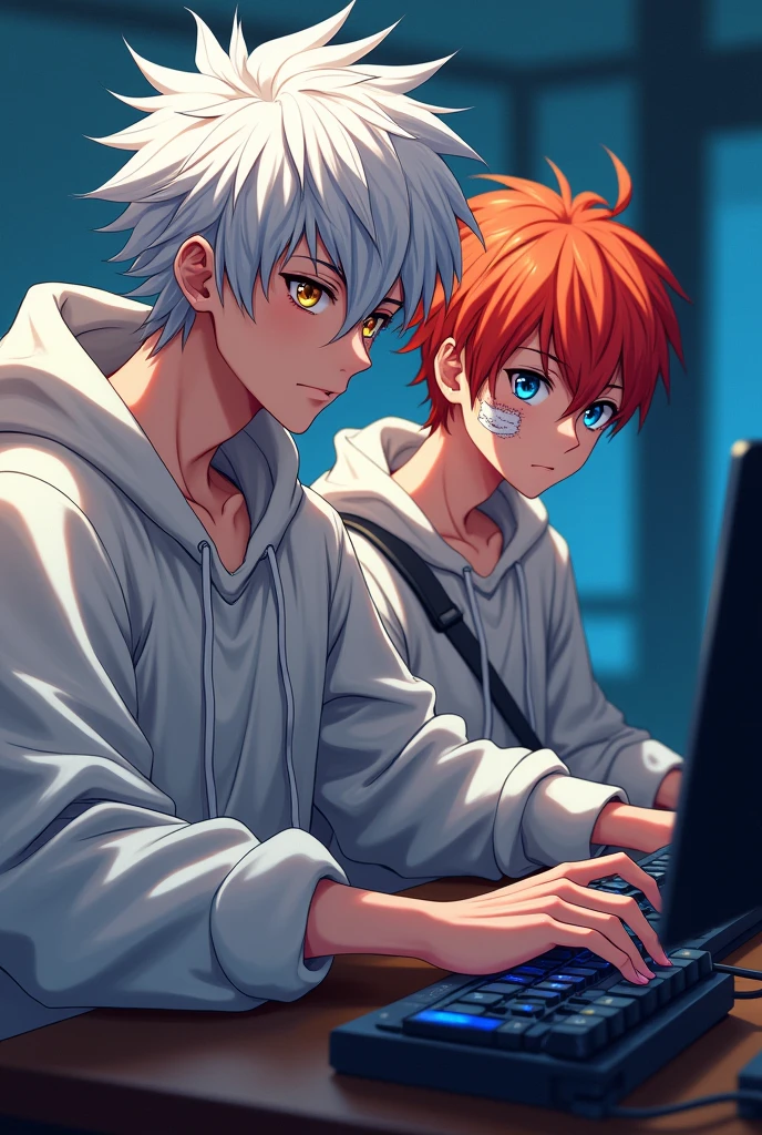 An handsome young Japanese man with white messy hair and golden eyes. White hoodsweater. A bit skinny. Sat on a chair with his gaming set up. Anime. Next to a Japanese young boy with red and not orange hair. The boy have a bandage on his cheeks and bruises under his eyes. He have light blue eyes.