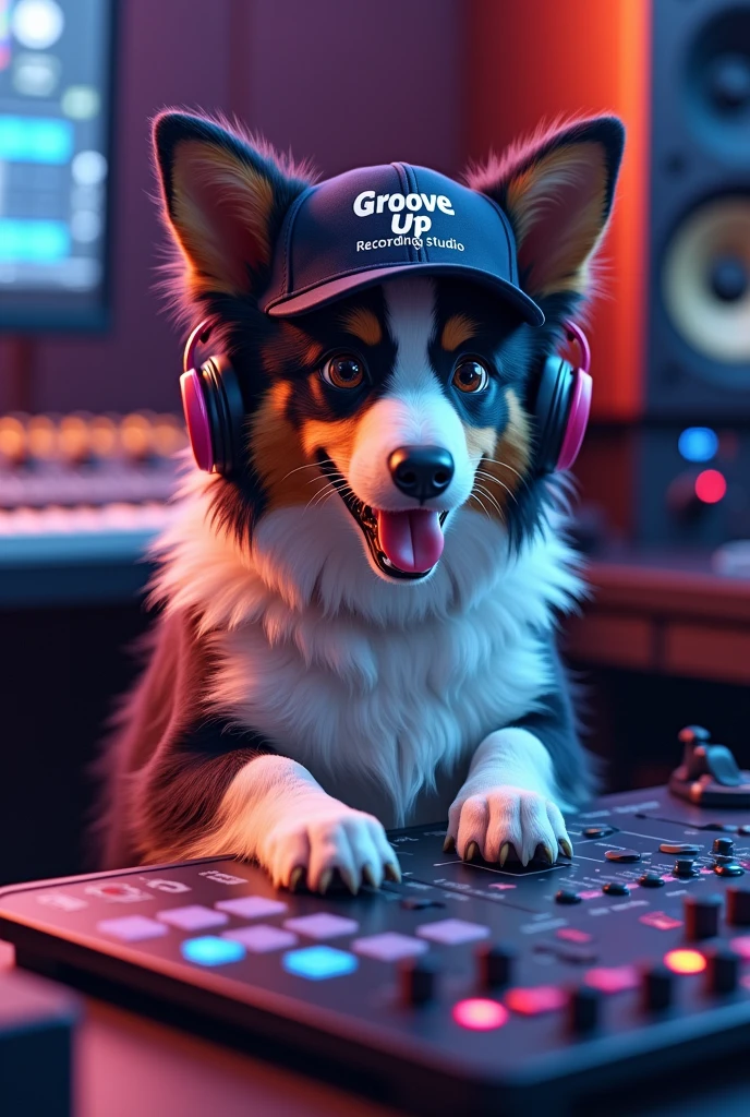 Border collie blue merle sorridente con cuffie da studio che fa il beat maker con i pad vestito da rapper con la scritta “GROOVE UP Recording studio” sul cappello