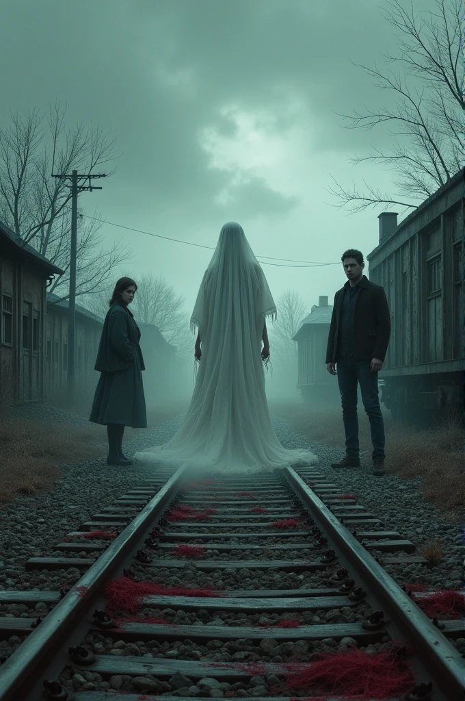 Create a horror movie poster style image featuring a ghost bride, train tracks, abandoned trains, two reporters. All this in a ghost town
