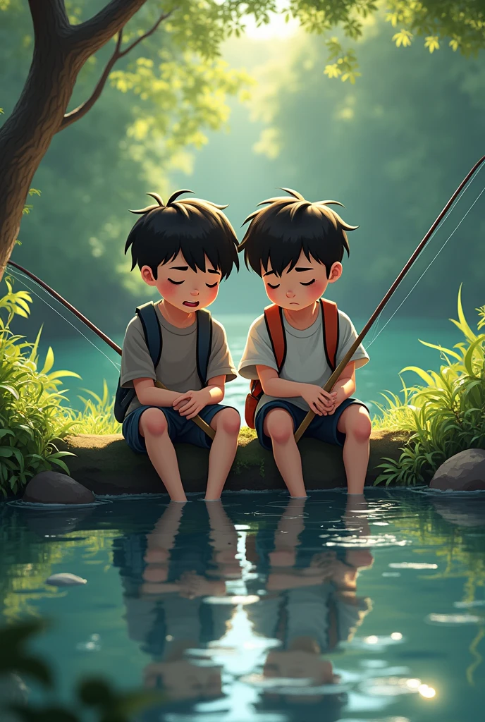 Two sleepy age boy fishing, each has a fishing rod, they are on the edge of a stream.