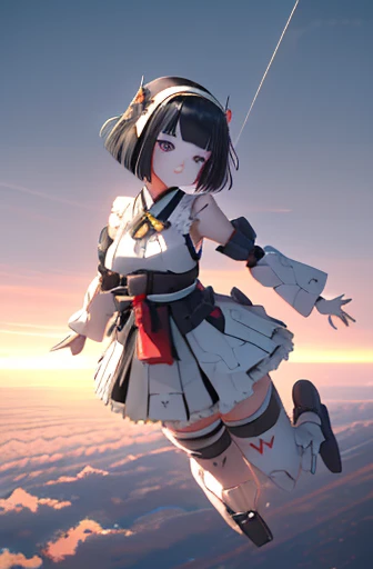 (highest quality)), ((masterpiece)), (Very detailed: 1.3), 3d, {(Young girl)}, Wearing a white frilly Gothic Lolita outfit, (She is fused with a Gundam mecha from the future....), With headgear, With V-fin , Armored Shoulders,Armament, Armor at the feet, Multi-layer texture perfect ratio, Octane Rendering, Duotone Lighting, Low ISO, wide aperture, White balance, Three-part method, Ultra HD 16k, High resolution (High Dynamic Range), Ray Tracing, NVIDIA, Super Resolution, Scattered beneath the surface of the water, PBR Texturing, Post-processing, Anisotropic Filtering, Written boundary depth, Maximum clarity and sharpness, Highly efficient subpixels, subpixel convolution, Particles of light, Scattered Light, Tyndall effect, whole body:1.5, Combat pose, cute, (cute:1.2), (Bobcut:1.3),Braiding, Black Hair, Thick eyebrows, Pale-colored iris, big, Bright black eyes, Long eyelashes, small, Bright colors, Natural lips, (The average face of a Japanese idol), (Japanese baby face:1.3), (Baby Face), Wide forehead:1.2, Plump Cheeks, small jaw, Visible side boob, (Has a huge weapon:1.5), fly in the sky、((((Flying high in the sky)))),View your audience,Focus on the eyes , (Four perfect fingers, One thumb),