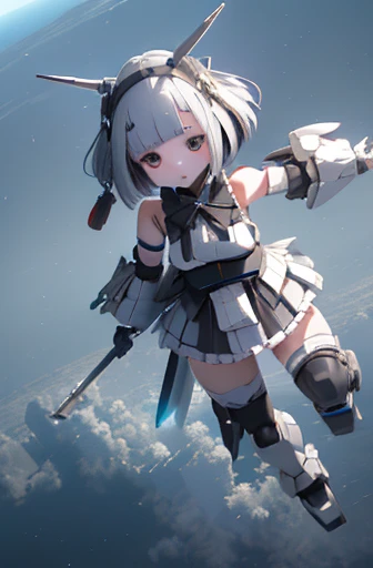 (highest quality)), ((masterpiece)), (Very detailed: 1.3), 3d, {(Young girl)}, Wearing a white frilly Gothic Lolita outfit, (She is fused with a Gundam mecha from the future....), With headgear, With V-fin , Armored Shoulders,Armament, Armor at the feet, Multi-layer texture perfect ratio, Octane Rendering, Duotone Lighting, Low ISO, wide aperture, White balance, Three-part method, Ultra HD 16k, High resolution (High Dynamic Range), Ray Tracing, NVIDIA, Super Resolution, Scattered beneath the surface of the water, PBR Texturing, Post-processing, Anisotropic Filtering, Written boundary depth, Maximum clarity and sharpness, Highly efficient subpixels, subpixel convolution, Particles of light, Scattered Light, Tyndall effect, whole body:1.5, Combat pose, cute, (cute:1.2), (Bobcut:1.3),Braiding, Black Hair, Thick eyebrows, Pale-colored iris, big, Bright black eyes, Long eyelashes, small, Bright colors, Natural lips, (The average face of a Japanese idol), (Japanese baby face:1.3), (Baby Face), Wide forehead:1.2, Plump Cheeks, small jaw, Visible side boob, (Has a huge weapon:1.5), fly in the sky、((((Flying high in the sky)))),View your audience,Focus on the eyes , (Four perfect fingers, One thumb),