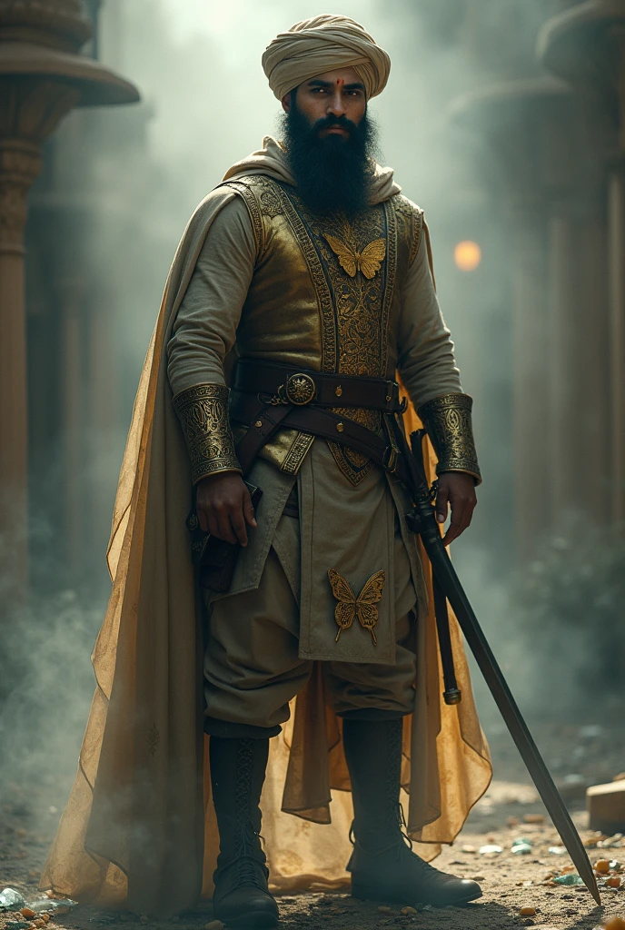 (solo, full body photo:1.3), (action packed:1.3), (haze, fog, mist:1.3), chiaroscuro, best quality, photorealistic, 1 sikh warrior, (24yo, 1700'S, digital photography,  surreal painting gold butterfly filigree, broken glass, (masterpiece, sidelighting, finely detailed . Angry face
