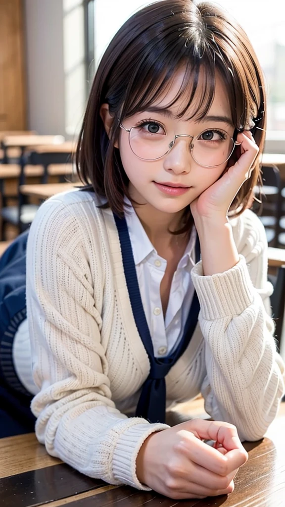 (masterpiece, Best Quality:1.2), 8K, 1 girl, 1 Japanese girl, 85 mm, Official art, Raw photo, Pretty Face, close up, face focus, cute Girl, Cinch waist, beauty thighs, soaking wet, sweat, medium breasts, white shirt with large ribbon, pink cardigan, blue tie, blue checkered skirt, large round glasses, lying on floor, in a classroom, Looking at Viewer, No makeup, (aroused, embarrassed, blush :1.2), Film grain, chromatic abberation, Sharp Focus, face lights, clear lighting, , Detailed face, Bokeh background