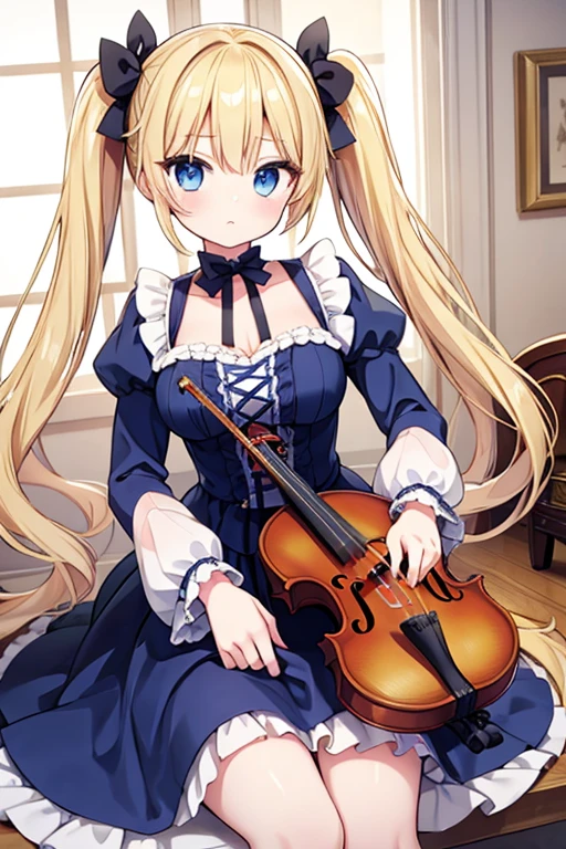 Highest quality,masterpiece,Blonde with blue eyes、Lolita、violin playing,Beautiful breasts、Twin tails、Girl&#39;Violin playing,on stage,