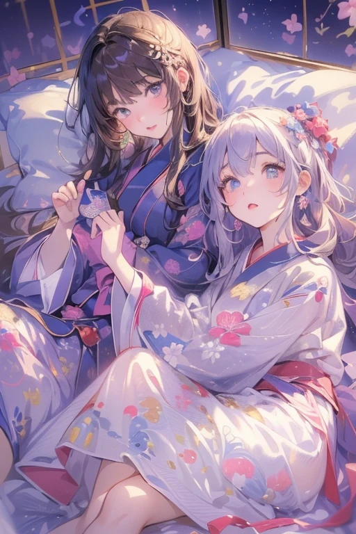 (8 (8k, Highest quality, masterpiece:1.2),cute,cute女の子たち,Couple girls,2 people,お腹にkissをする,mesugaki,Fantasy_world,kiss,On the futon,lie down,Yukata with a short hem,Touching each other's breasts through clothes,Beautiful thighs,Gentle caress,Heavy breathing,White liquid splashed on face,お腹にディープkiss,starry skies,night,White liquid dripping down thighs