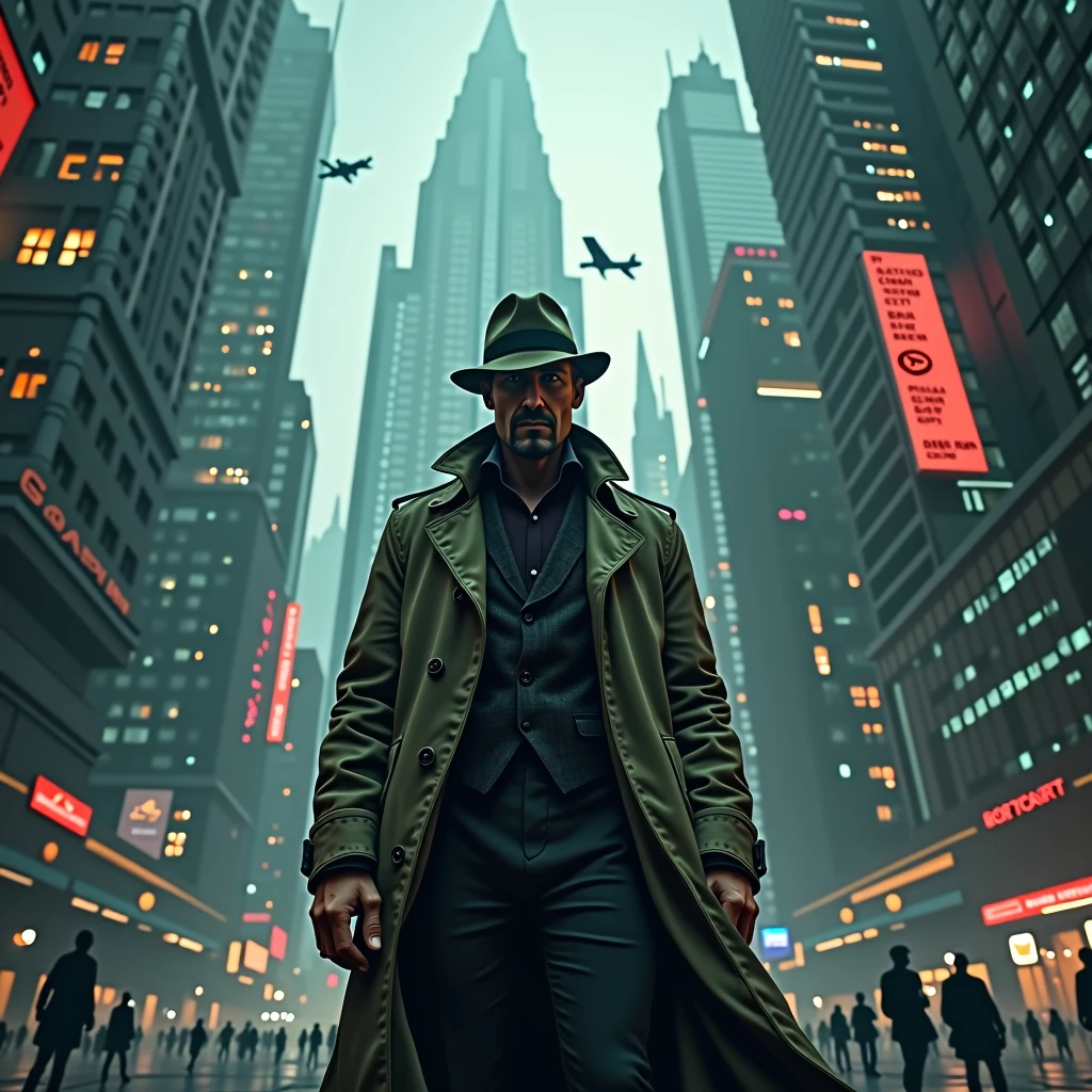 
"4K image, hyper-realistic of a detective from the past wearing a trench coat and hat in a futuristic city, investigating a murder."