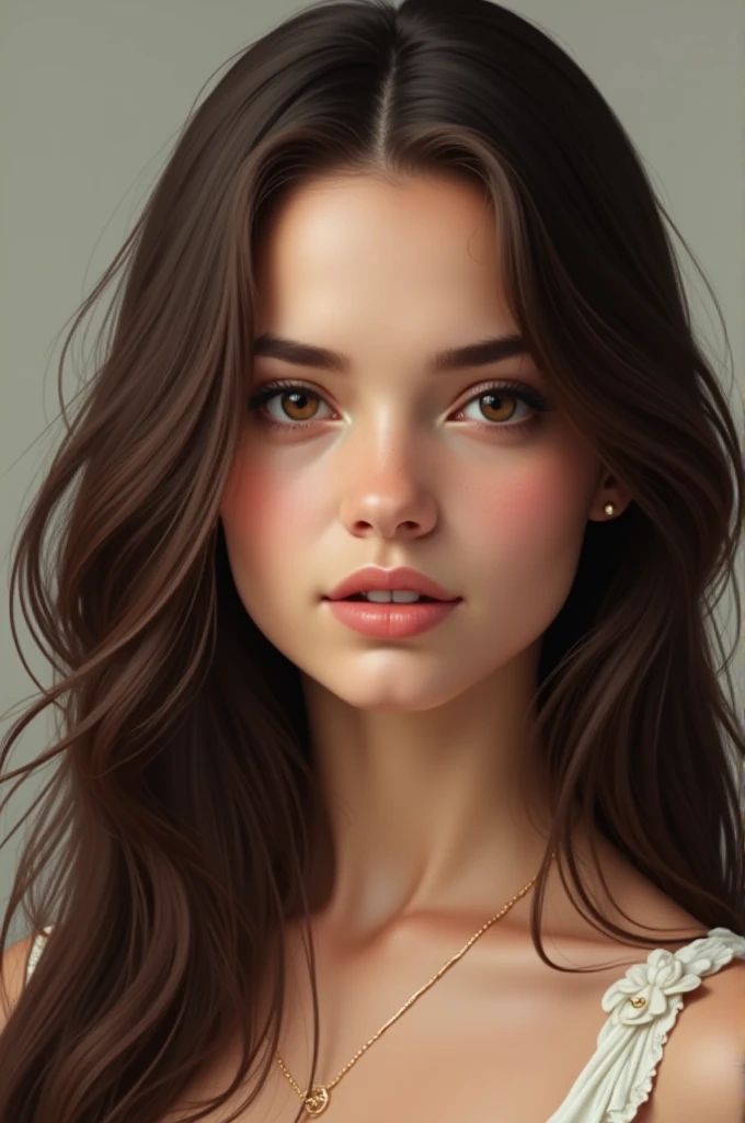 brunette woman, Belle, Realist, from front shot, sans maquillage