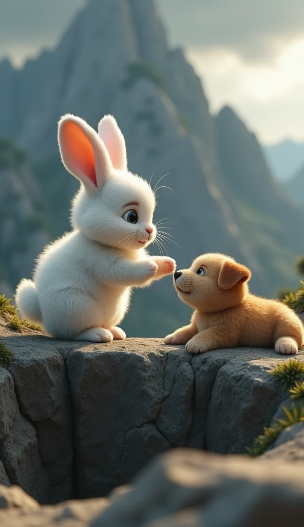 There is a rabbit's baby which is white in colour and its hair is like feathers. His face is very innocent. And there is a dog's baby which is very innocent and cute and looks just like a teddy bear. The dog is brown in colour. The dog is lying on top of a rocky hill and there is a ditch below the hill. The dog is very scared. And the rabbit is standing on top of the hill. The rabbit is holding the dog's hand to save the dog from falling into the ditch. And there are rocky mountains in the background and dark clouds in the sky..image in 3d animation