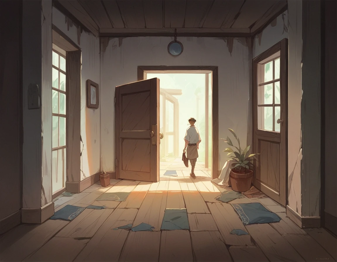 dark antique room with far away closed door