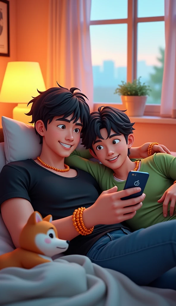 3d art style, A bouncy font above that says "VRIXIAN", two teenage asian guy in bed, one wearing black shirt, hair is black, the black t shirt guy is big muscle body, the black shirt guy is a short haired, both is wearing one orange pearl bracelet, one is wearing green long sleeve, they both looking at the phone having live stream, besides them has Shiba Inu, dynamic bedroom in a morning, 