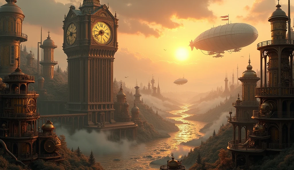 A detailed steampunk landscape filled with brass gears, pipes, and steam engines. The scene includes an old clock tower, airships floating in the sky, and a glowing sun setting in the background. The color palette should include sepia tones, giving a vintage and mechanical look.