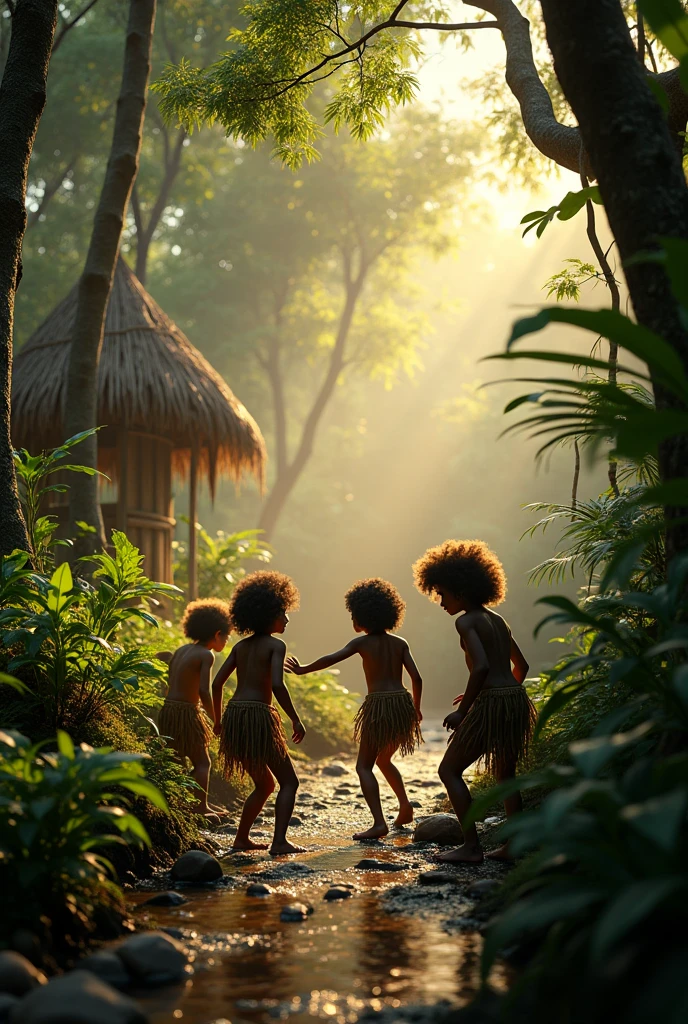 Photorealism 1.3 realistic realism high detailed high definition clear natives kids curly hairplay around hide and seek in the jungle covered wearing tree skin as a shirt with leaf dramatic cinematography cinematic view morning mode sunlight silhouette smoke effect bamboo hut leaf roof  campfire smoke only aborigines villages small river chasing tiger cub