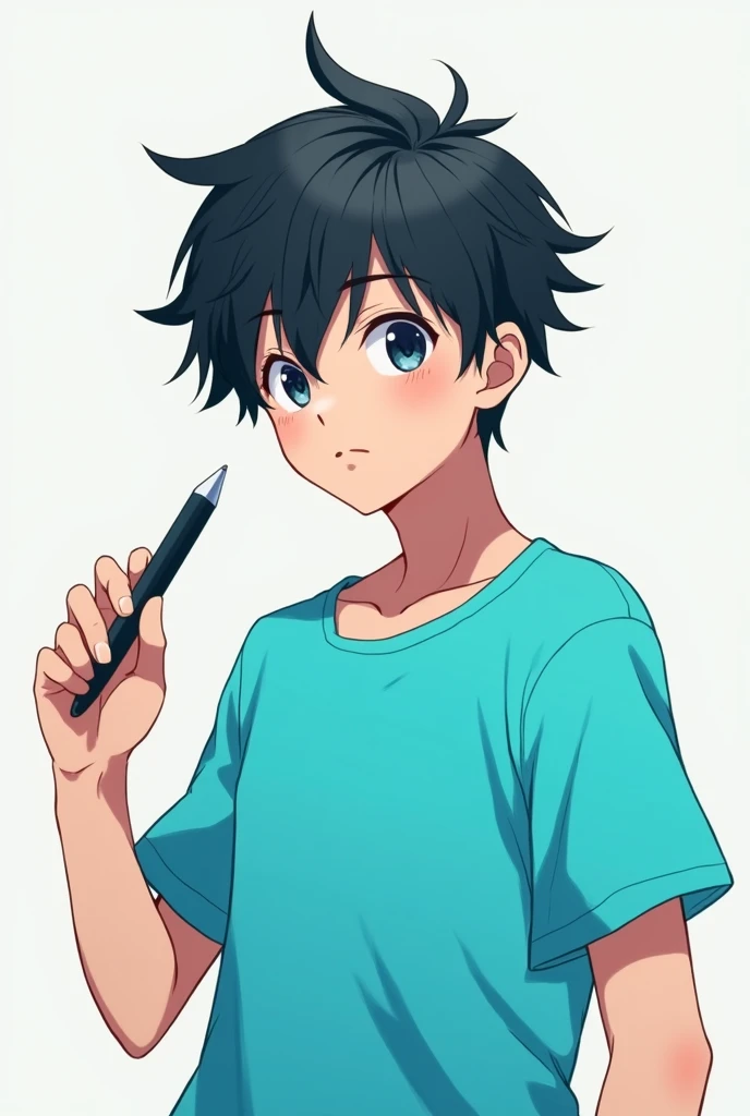 anime boy holding stylus pen, black hairs, cyan t shirt