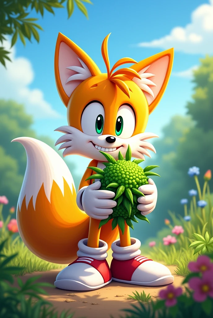 Miles tails holding a weed plant