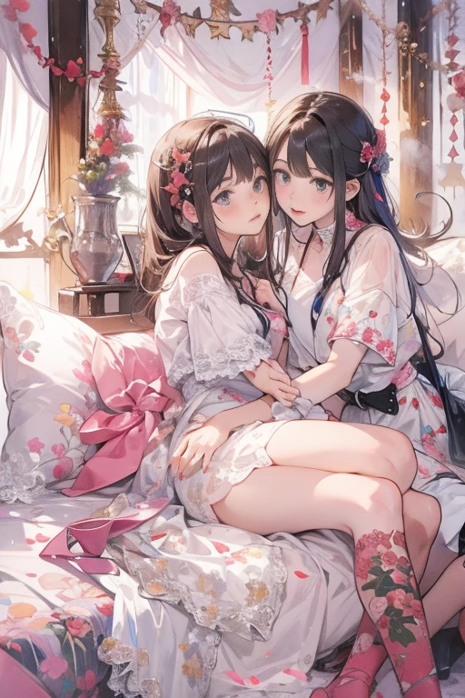 (8 (8k, Highest quality, masterpiece:1.2),cute,cute女の子たち,Couple girls,2 people,お腹にkissをする,mesugaki,Fantasy_world,kiss,On the futon,lie down,Lingerie that shows through the skin,Touching each other's breasts through clothes,Beautiful thighs,Gentle caress,Heavy breathing,White liquid splashed on face,お腹にディープkiss,starry skies,night,White liquid dripping down thighs