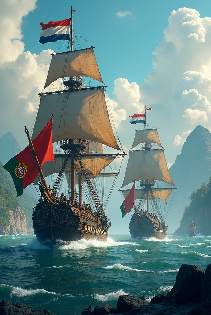 Make a more dramatic poster of the arrival of Dutch and Portuguese ships when entering Indonesian waters with Dutch and Portuguese flags.