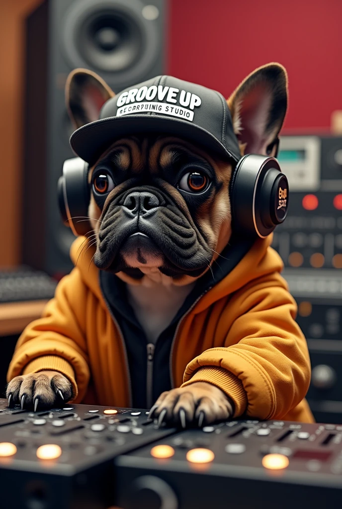 Bulldog francese con cuffie da studio che fa il beat maker con i pad vestito da rapper con la scritta “GROOVE UP Recording studio” sul cappello