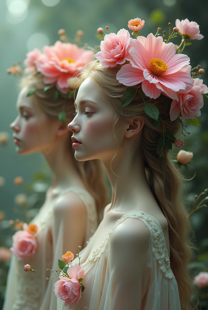 Surreal Scene art、Surreal figures、Hair is a flower、Beautiful woman、One flower for each person、Fantasy、Faint lighting