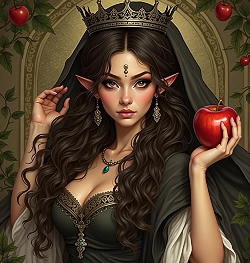 tan skinned, long dark curly hair, elf queen, holding an apple, hazel eyes, wearing white hood with a silver crown on her forehead, dark eyeliner