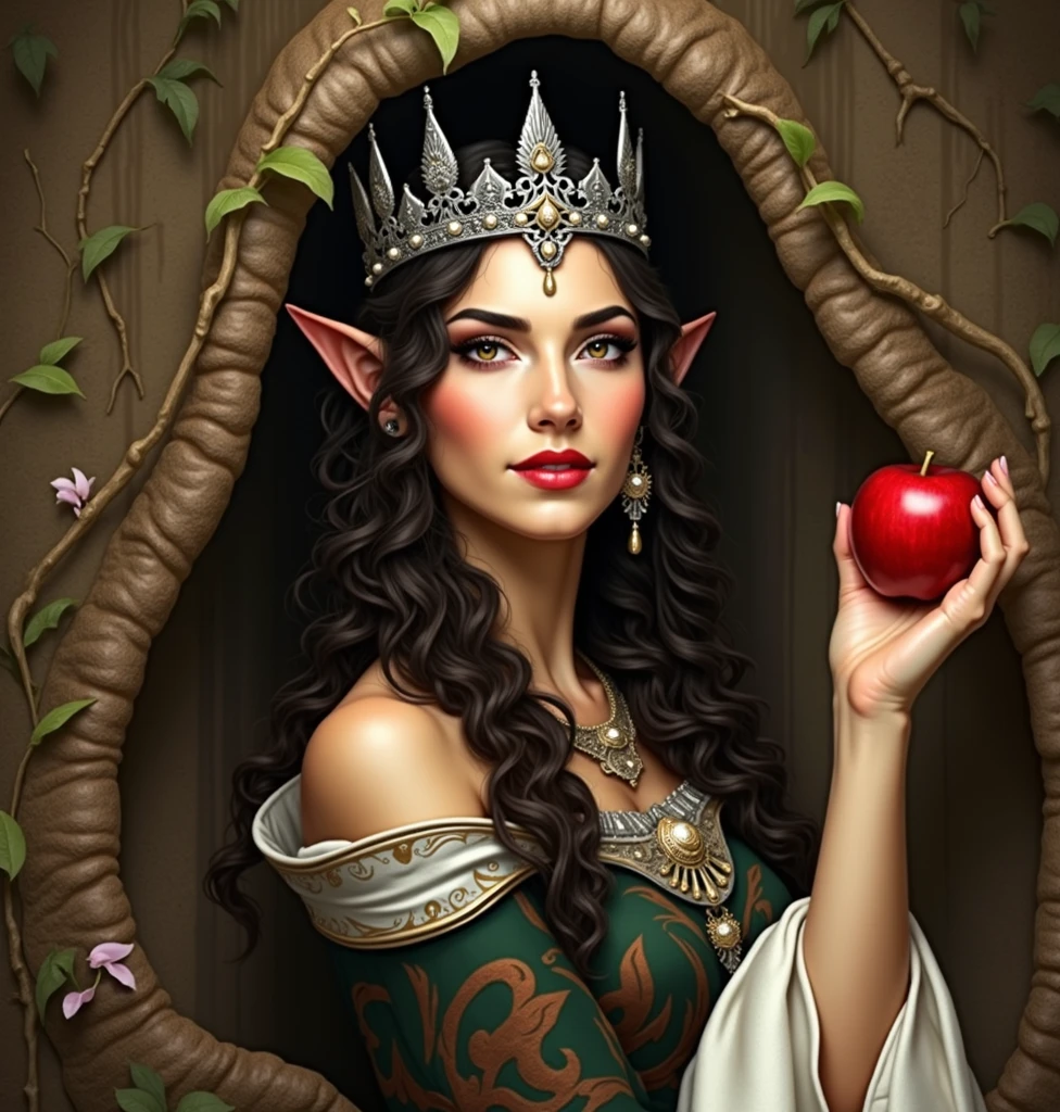 tan skinned, long dark curly hair, elf queen, holding an apple, hazel eyes, wearing white hood with a silver crown on her forehead, dark eyeliner