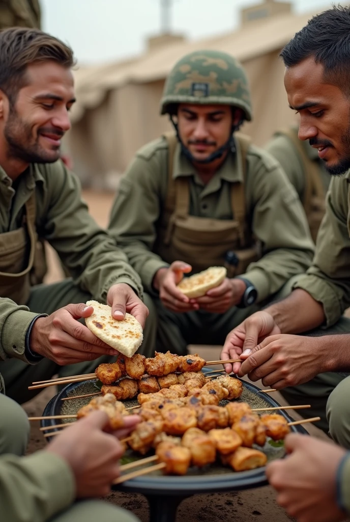 Soldiers eat pita with kebab