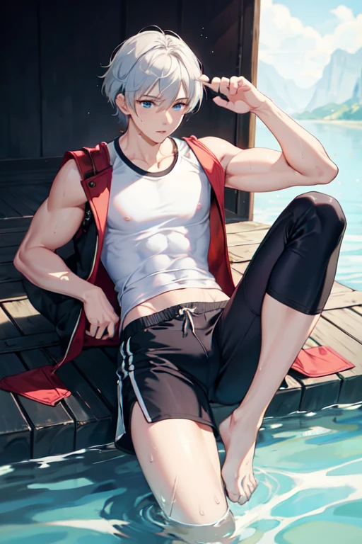 ((Highest quality)), ((masterpiece)), (detailed),One young man、male、Embarrassing、White-like silver hair、look up、Watery blue eyes、Sit with your legs apart、Trousers that reveal your silhouette、Shorts up to the knee、A half-removed shirt、Sweaty、male、Man、Short Hair、White Hair、A half-removed shirt、A white shirt and light blue shorts、Muscular、Having an erection