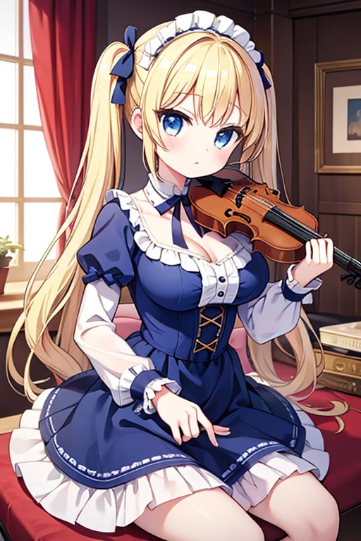 Highest quality,masterpiece,Blonde with blue eyes、****ta、violin playing,Beautiful breasts、Twin tails、Girl&#39;Violin playing,on stage,