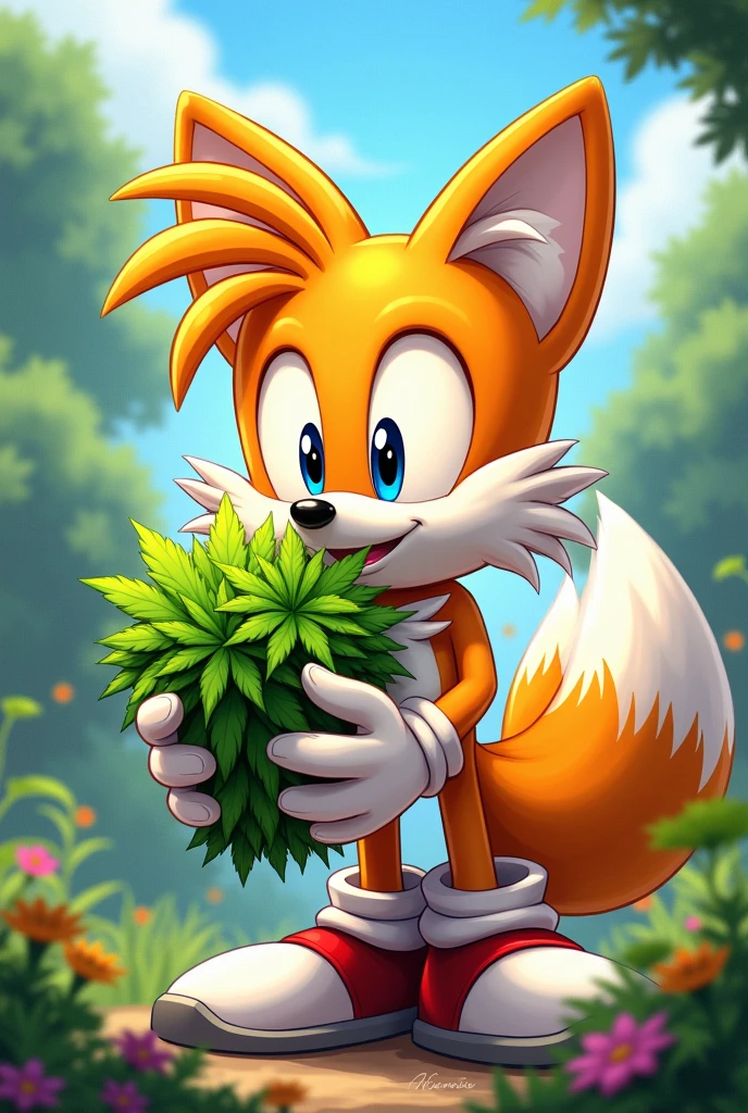 Miles tails holding a weed plant