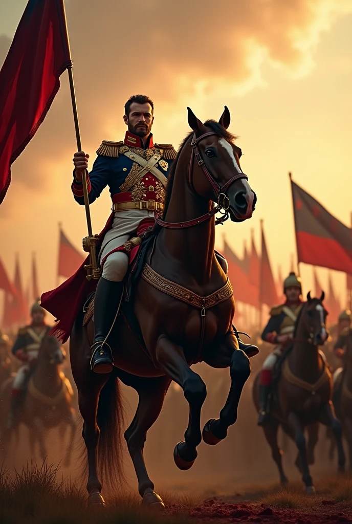Napoleon no beard, french flag warrior on horseback blood , twilight emperor, huge army