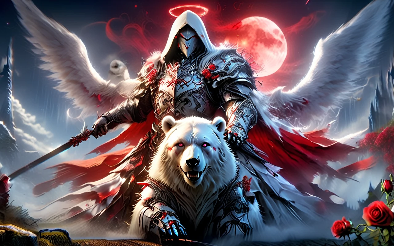 Dynamic picture where a man with a white hood with bear ears and a katana sits riding a big polar bear in a forest while the blood moon shines, many Roses cover the ground and lightning falls from the sky. The man wears a red blindfold.