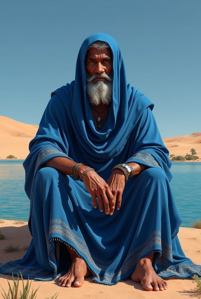A Tuareg Berber man wearing a veil sits in a desert next to a lake. 