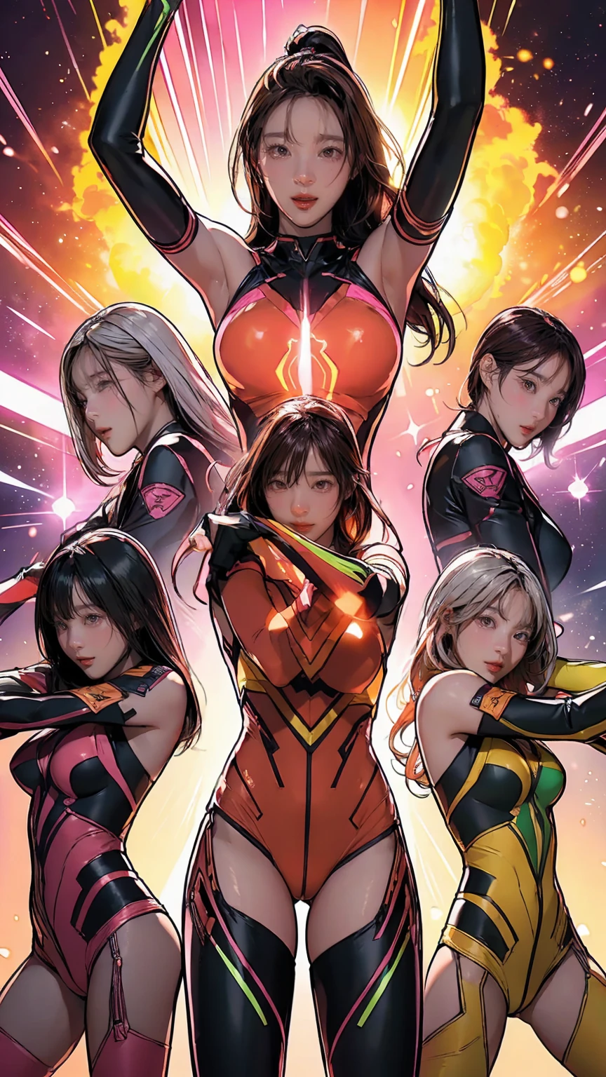 A brave and daring image of the seven-woman Ranger team, Each is decorated with the following vibrant colors:: neon pink, Sunset Orange, Fire engine red, plasma violet, Fluorescent Green, shocking yellow, shinning silver. A dynamic pose with a background that oozes energy and courage.。, Embodying the essence of the classic Sentai superhero team. Each Ranger's outfit is sleek and modern, Each color has elements that reflect its theme., Ready for action. (())