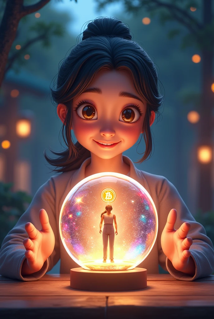 prompt = """
Yumiko, with a wise and reassuring smile, points to the crystal ball where Mr. Mezo’s image becomes clearer. The crystal ball shows Bitcoin being transferred into the Mezo network, depicted with vibrant colors and glowing effects. Mr. Mezo’s figure is detailed, demonstrating how Bitcoin grows and prospers within the network. Yumiko’s eyes sparkle with hope and certainty. The scene is illuminated with a soft, hopeful glow, captured with the detailed and professional quality of a JVC GY-HM170UA 4KCAM.
"""