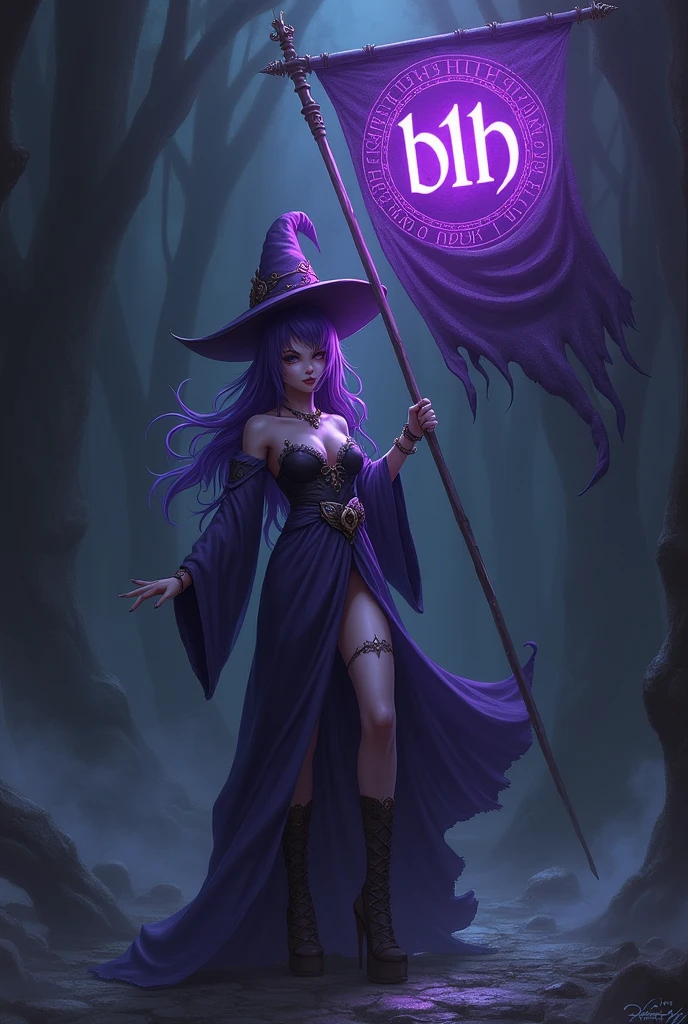 a dark magician girl from yu gi oh , With a flag , inside the flag contain the word "B1h"